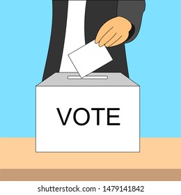 A man inserts a ballot paper into the ballot box that stands on the table. The voter votes in the election. Election Vote concept. Vector.