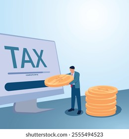 A man inserts a coin into a screen that says tax. Illustration for paying taxes, tax deductions, taxable income.