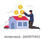 Man inserts coins into a house-shaped savings bank. Investment and finance illustration