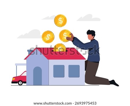 Man inserts coins into a house-shaped savings bank. Investment and finance illustration