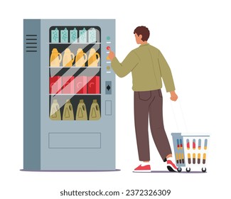 Man Inserts Coins Into The Vending Machine At The Public Launderette, Selecting Detergent With A Determined Look, Male Character Ready For Clean, Fresh Laundry. Cartoon People Vector Illustration