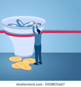 A man inserts a user icon into a tunnel into coins, illustration for conversion optimization rate.