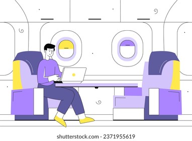 Man inside airplane line concept. Young guy with laptop inside business jet. Flight and travel, trip. Vacation and holiday. Passenger with computer. Linear flat vector illustration