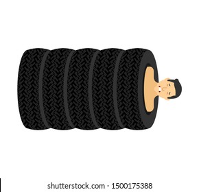 Man inside car tire. Guy in stack of car tires. vector illustration