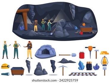Man inside cave icons set cartoon vector. Traveler hiker. Discover mining
