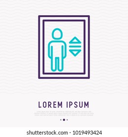 Man inside elevator thin line icon. Modern vector illustration.