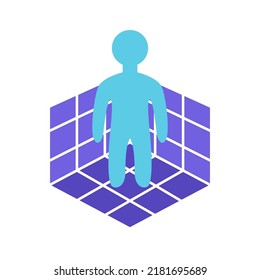 man inside grid cube dimension icon vector flat illustration. people symbol standing on grid digital dimension room graphic design.