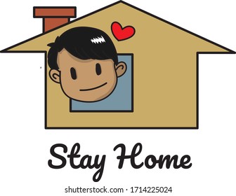 Man inside the house give the heart, enjoying self quarantine. stay home vector illustration.