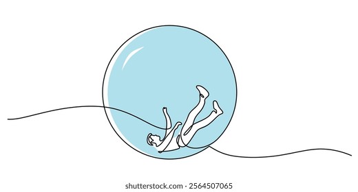 A man inside a large ball in continuous one line drawing. Representing introspection, personal struggles, and isolation. Vector illustration.