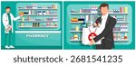 Man inside modern pharmacy interior with medicine shelves. Pharmacist doctor showing medical drugs. Customer with shopping bag.