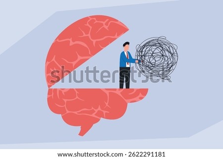 a man inside an open brain, untangling a mess of tangled lines, symbolizing finding clarity or resolving complex thoughts
