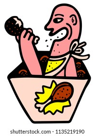 man inside a packet of fried chicken, chewing and biting a chick