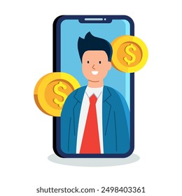 Mann innerhalb Telefon Münze Dollar Symbole Video digitales Marketing einzeln