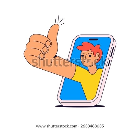 A man inside a smart phone giving a big thumbs up and an oversized hand extending from the screen for positive feedback, approval, social media, or communication in cartoon hand drawn vector