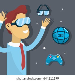man inside virtual reality and futuristic game