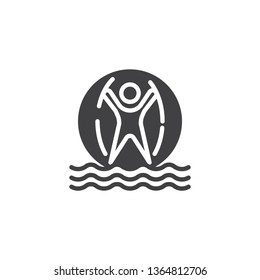 Man inside water walking ball vector icon. filled flat sign for mobile concept and web design. Boy playing inside a floating water walking ball glyph icon. Symbol, logo illustration.