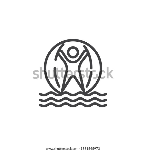 Man\
inside water walking ball line icon. linear style sign for mobile\
concept and web design. Boy playing inside a floating water walking\
ball outline vector icon. Symbol, logo illustration.\
