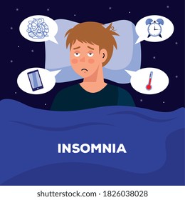man with insomnia in bed with bubbles design, sleep and night theme Vector illustration