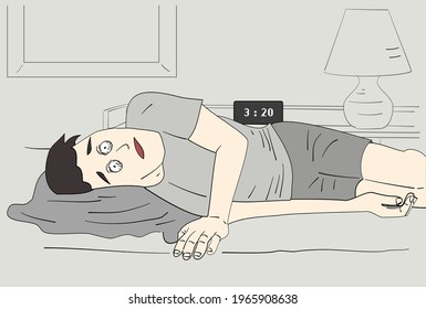 The man with insomnia cannot sleep. Hand drawn style vector design illustrations