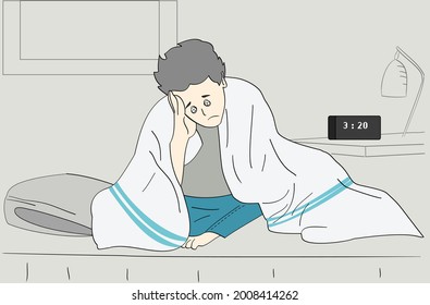 El hombre con insomnio no puede dormir. Ilustraciones de diseño vectorial de estilo dibujado a mano