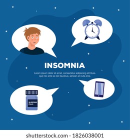 man with insomnia clock sleeping pills and smartphone in bubbles design, sleep and night theme Vector illustration