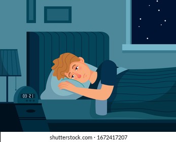 Hombre con insomnio. Trastorno del sueño, el hombre yace en la cama con los ojos abiertos, el hombre no puede dormir en la ilustración vectorial de la noche. Problemas humanos con el sueño, insomnio y insomnio