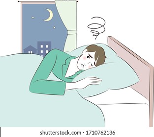 Man with insomnia. Sleepy male character who cant sleep, depressed person worried nightmares and lying bed with open eyes vector illustration. 