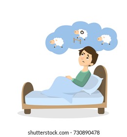 Man with insomnia. Trying to count sheep on white background..