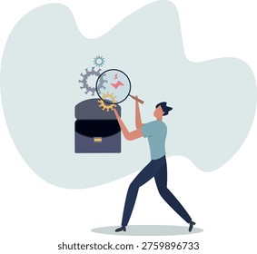 Man Inspecting Broken Gear Mechanism with Magnifying Glass . Problem Analysis and Troubleshooting Concept