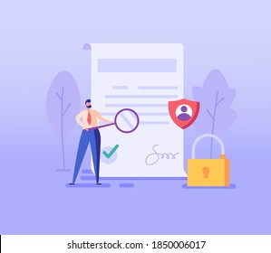 Man inspecting document. Concept of terms and conditions, search for errors, bugs privacy policy, protection of personal data, account security. Vector illustration in flat design 