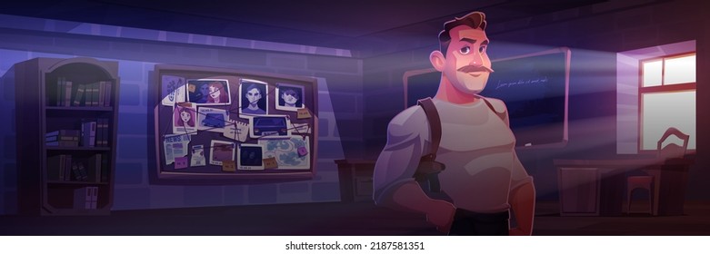 Man Inspector In Police Department Cabinet Investigate Crime. Vector Cartoon Illustration Of Detective Agency Office With Man With Gun In Holster, Cork Board With Evidences, Bookcase And Table