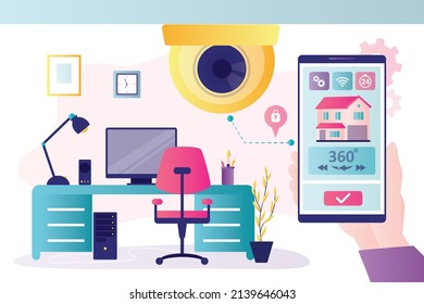 Man installed surveillance cameras in game room. Home protection and cctv system concept. Workplace interior design. Application for house monitoring on smartphone screen. Flat vector illustration