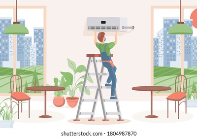 Man installing air conditioner in a restaurant or cafe vector flat illustration. Maintenance and installation of cooling systems, replacement filters. Climate control, comfort living concept.