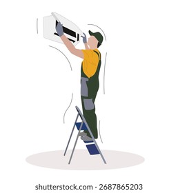 Hombre instalando aire acondicionado. Carácter del hombre en la escalera Instale el aire acondicionado en la pared 