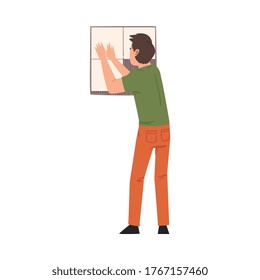 Hombre instalando baldosas de cerámica en la pared del baño, renovación del hogar, Carácter de trabajador de construcción masculino con vectores de equipo profesional Ilustración