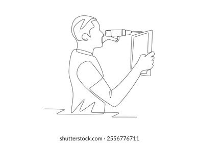 Man installing display with electric drill. DIY decorations concept one-line drawing