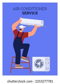 Man installing or repairing air conditioner, advertising poster template, flat vector illustration. Air conditioner service worker. Installing AC inside and outside condenser unit.