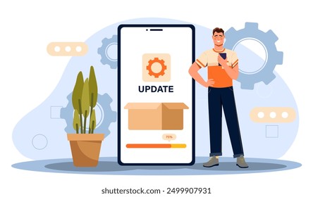 Man installs application. Young guy with smartphone installs mobile program. Downloading files and updating. System update and installation. Flat vector illustration isolated on white background