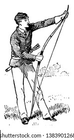 A man is instructing how to string a bow in archery, vintage line drawing or engraving illustration.