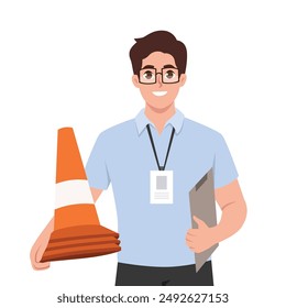 Man instructor from driving school smiles and holds traffic cones. Flat vector illustration isolated on white background