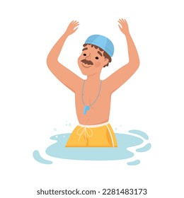 Man Instructor in Swimming Pool in Cap with Whistle Vector Illustration