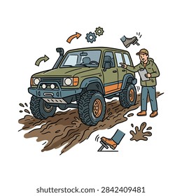 A man instructs a driver of an off road vehicle navigating through a muddy terrain with various icons indicating actions.