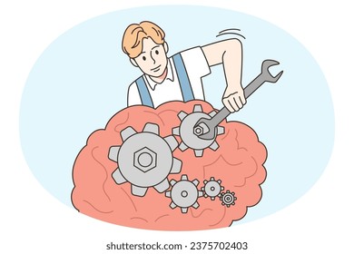 Hombre con instrumentos que arreglan el cerebro. Un psicólogo masculino o un psiquiatra reparan la mente del paciente con herramientas. Recuperación de la salud mental. Ilustración vectorial.