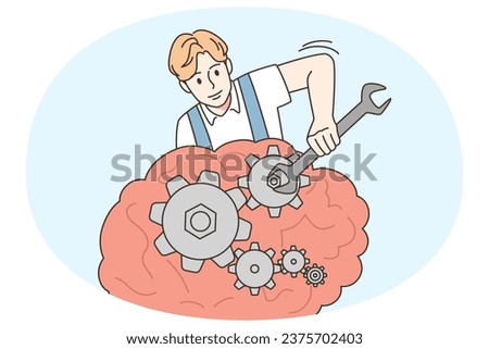 Man with instruments fixing brain. Male psychologist or psychiatrist repair patient mind with tools. Mental health recovery. Vector illustration.