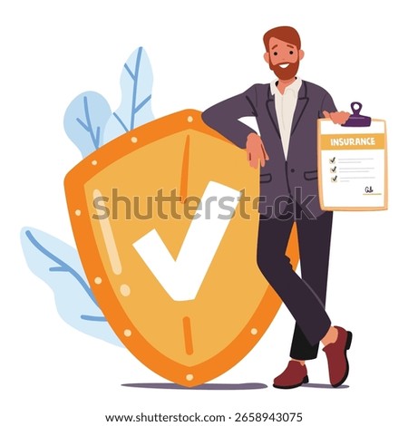 Man insurance advisor offering responsibility of guaranteed protection of people lives and property vector illustration. Financial agent holding signed policy document in hands cartoon scene
