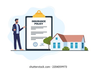 Man insurance agent, Insurance policy on clipboard and beautiful private house. Real estate Insurance concept. House insurance business services. Vector illustration