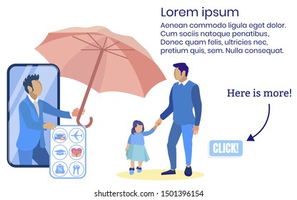 Man Insurance Agent Shows Types Insurance Man with Little Girl. Insurance Policy. Vector Illustration. Reliable Protection. Employee Insurance Company and Client. Website Page with Text.