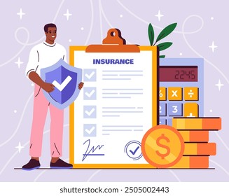 Man with insurance budget. Young guy with shield in his hands near calculator, gold coins and document. Financial deal to protect real estate. Flat vector illustration isolated on pink background