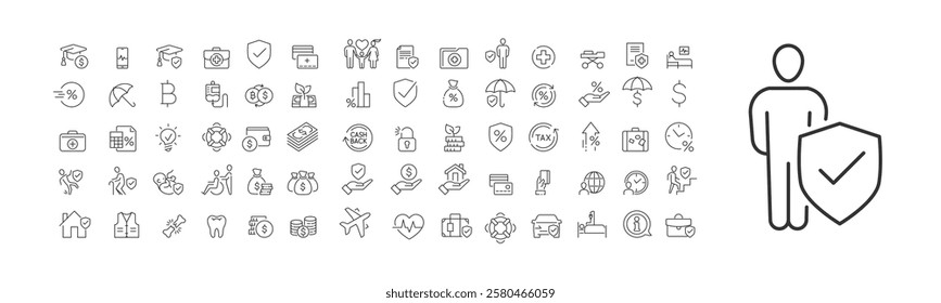 Man insurance concept with man, shield and many icon sets, insurance service, safety and accident protection. Flat vector illustration, isolated on white background. Editable stroke.