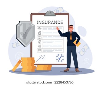 Man with insurance. Man in suit with book stands next to document, life and property insurance, financial support and deal. Lawyer or entrepreneur. Poster or banner. Cartoon flat vector illustration